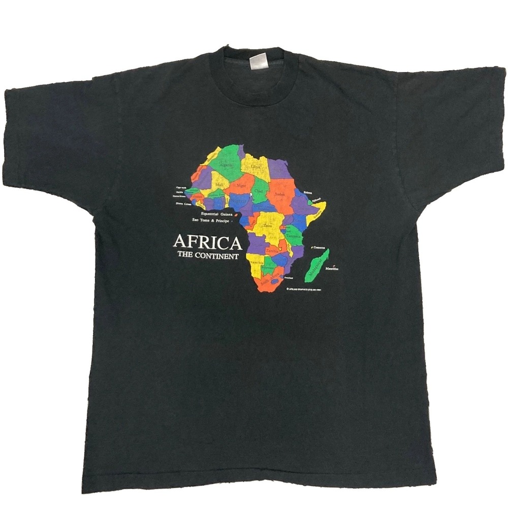 Vintage Africa The Continent Map Graphic T-Shirt Fruit of the Loom Black XL